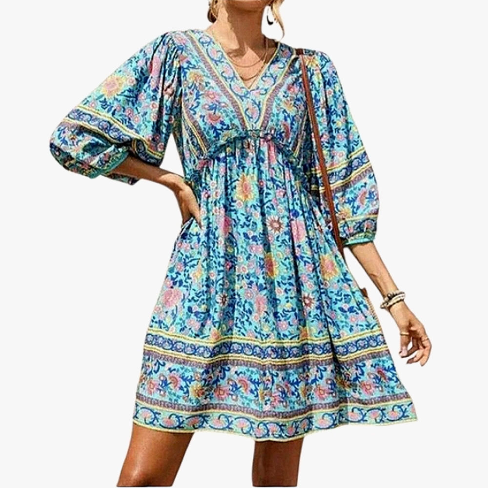 BOHEMIAN STYLE BABYDOLL Yellow & Blue Tiered Mini Dress with V-Neck NWOT SIZE S - Picture 9 of 9